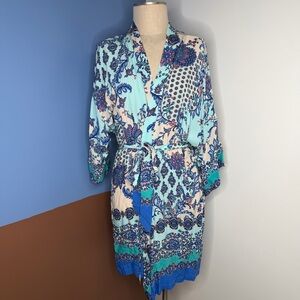 In Bloom Blue and White Boho Patchwork Paisley Floral‎ Kimono Robe Medium